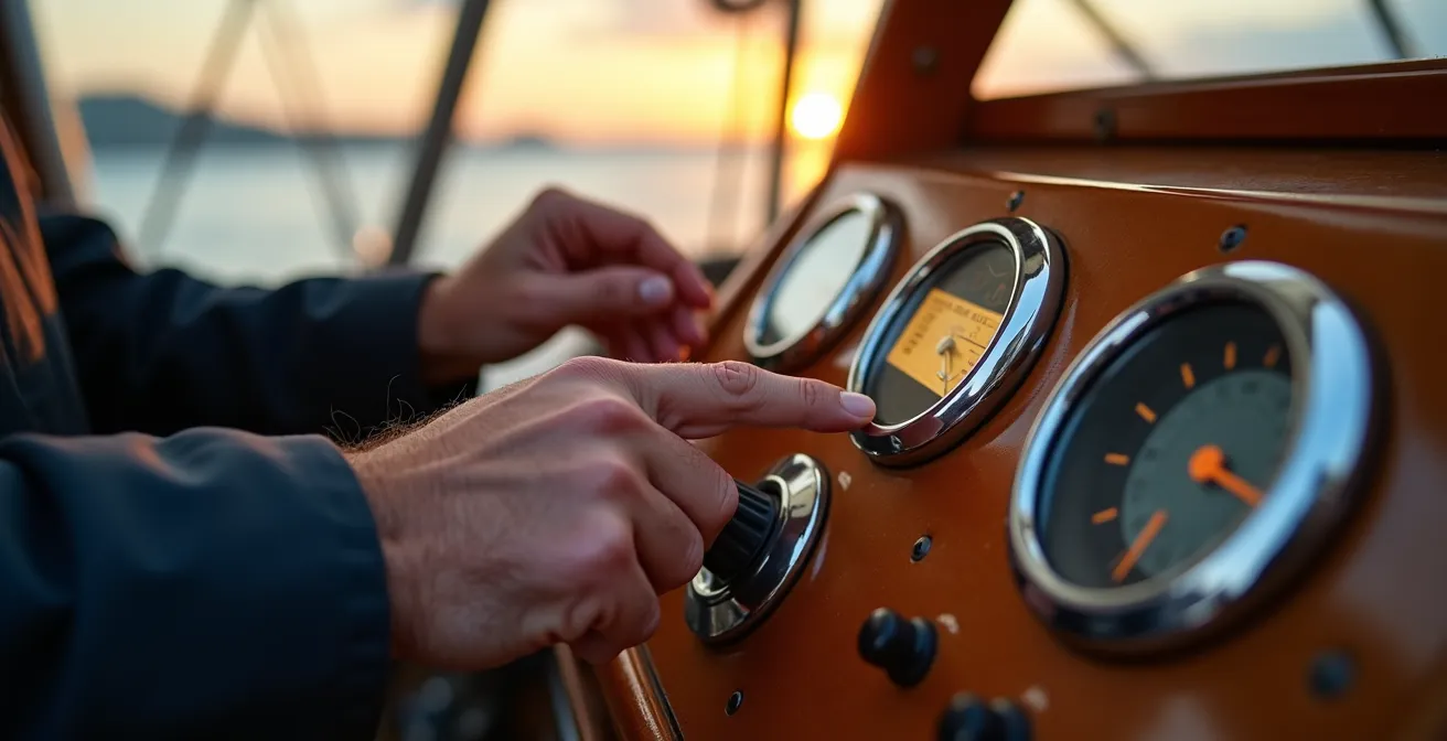 Mains de navigateur ajustant les paramètres d'un système de navigation électronique sur un voilier
