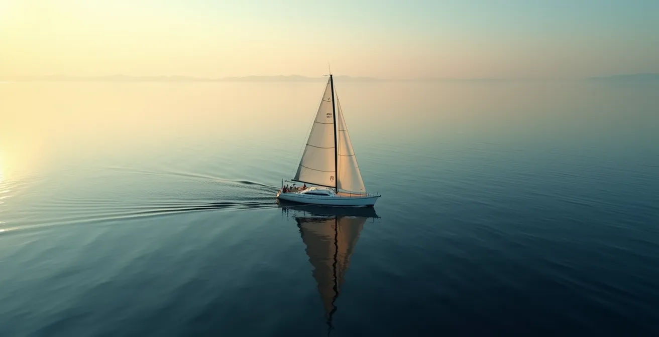 Vue aérienne d'un voilier immobile sur une mer d'huile, créant un contraste saisissant avec l'immensité de l'océan