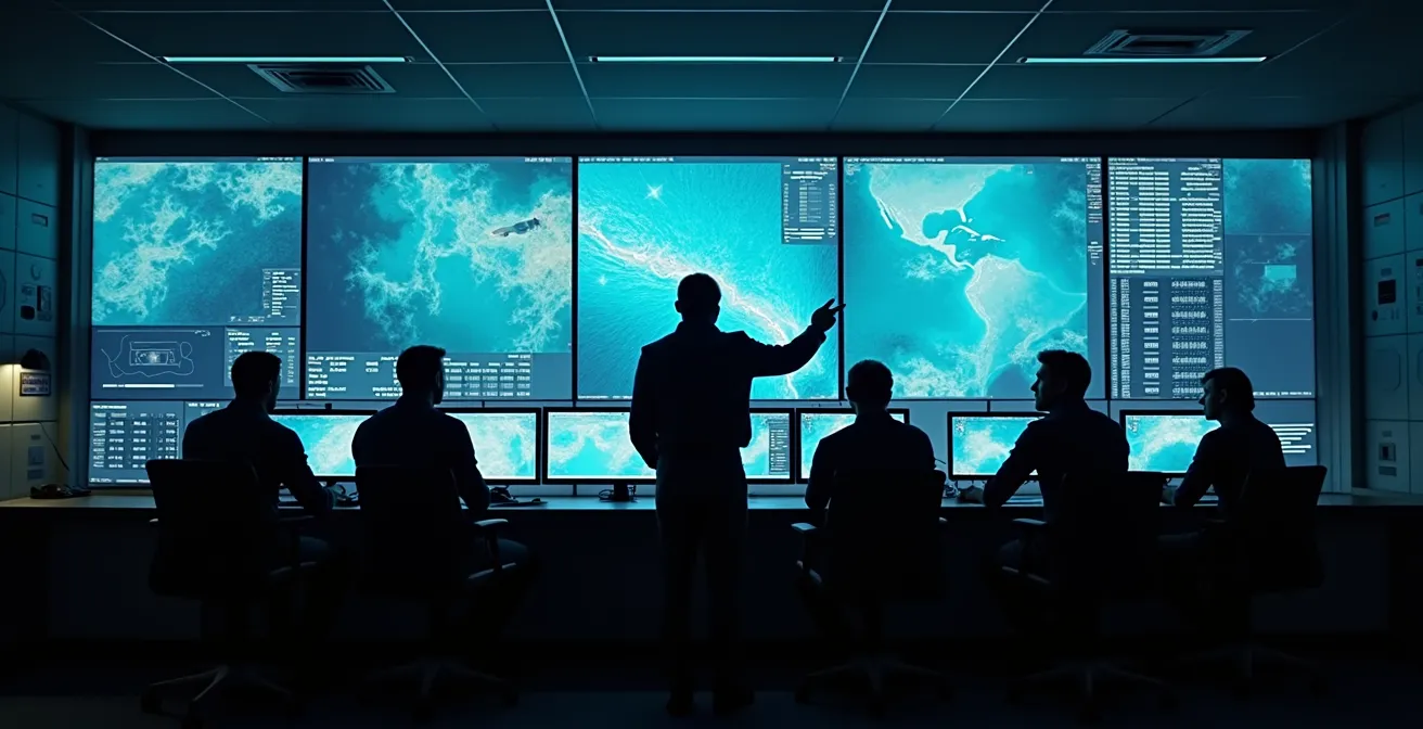 Centre de routage avec équipe technique analysant les données météo pour guider un skipper en course