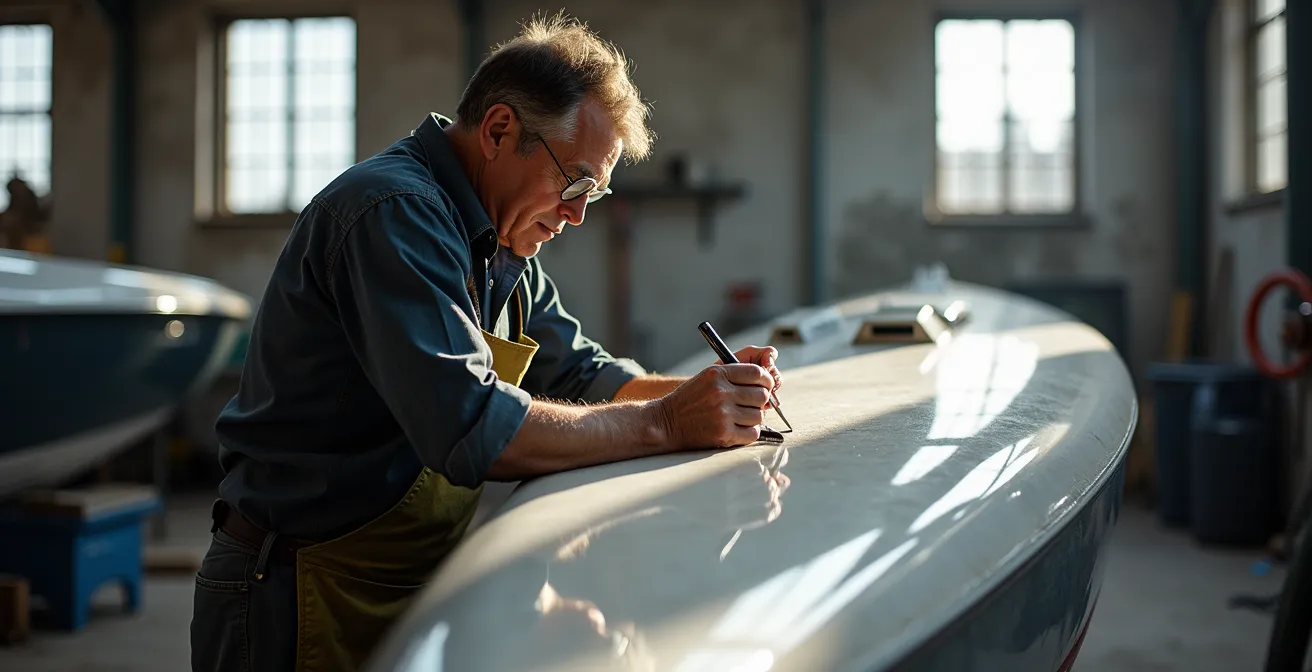 Atelier de construction du chantier JPK avec voilier en cours de finition