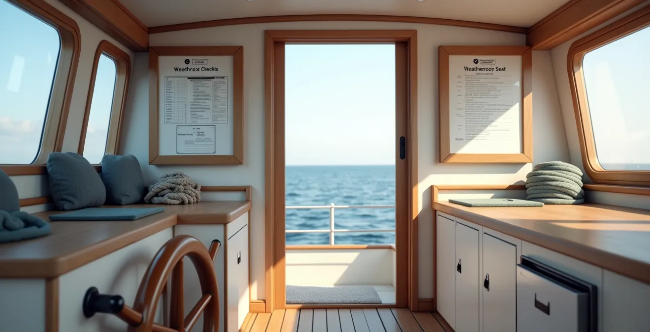 Checklist plastifiée fixée dans le cockpit d'un voilier de course