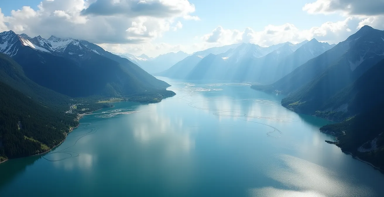 Vue aérienne montrant un lac alpin entouré de montagnes avec différentes zones de vent