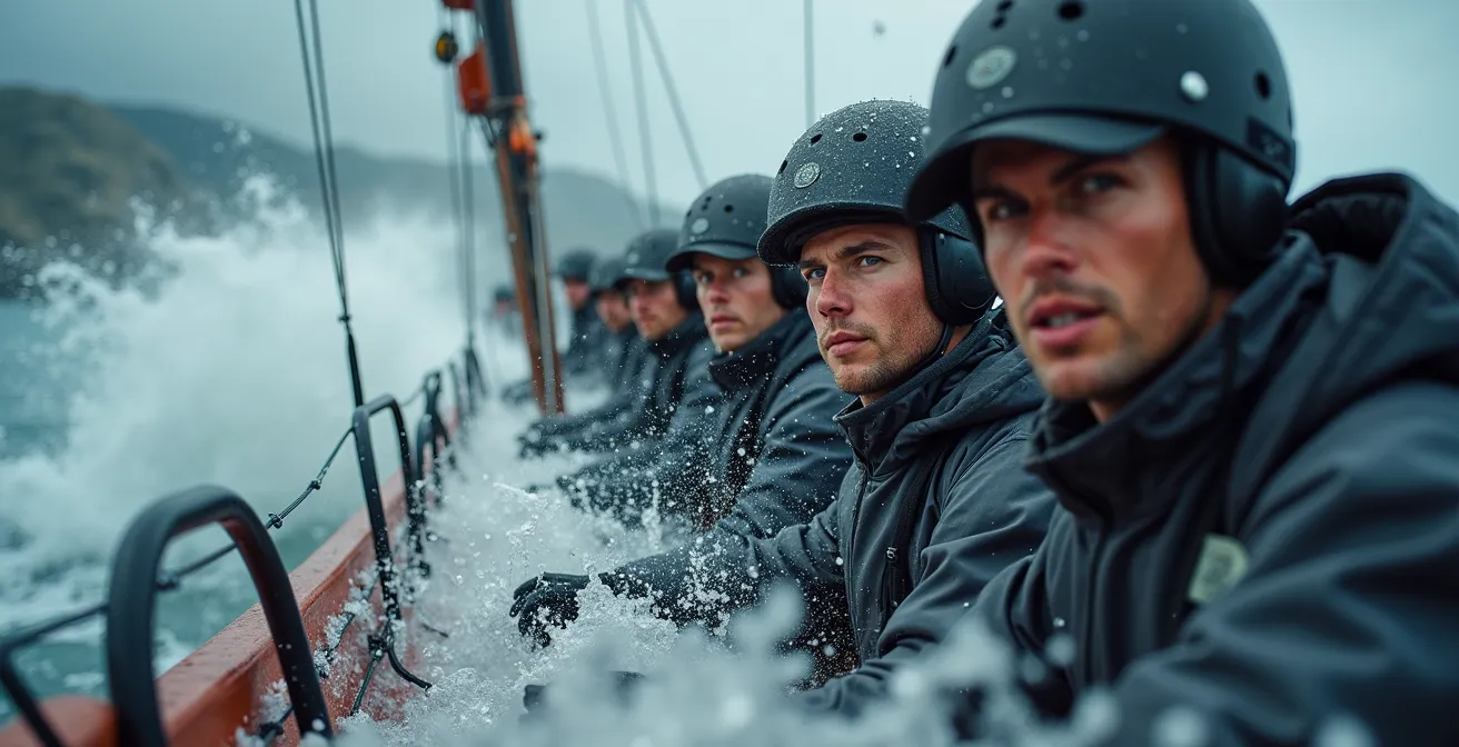Voilier naviguant dans des conditions de vent fort avec équipage en action