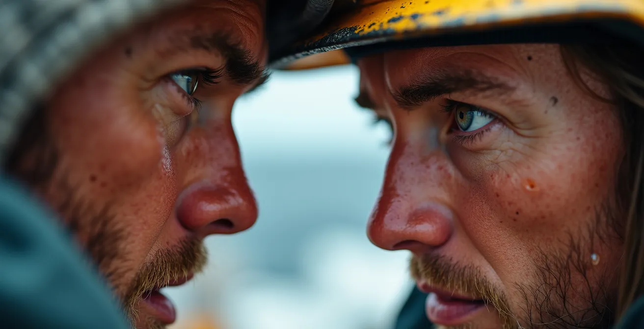 Gros plan sur les regards échangés entre équipiers pendant une manœuvre délicate