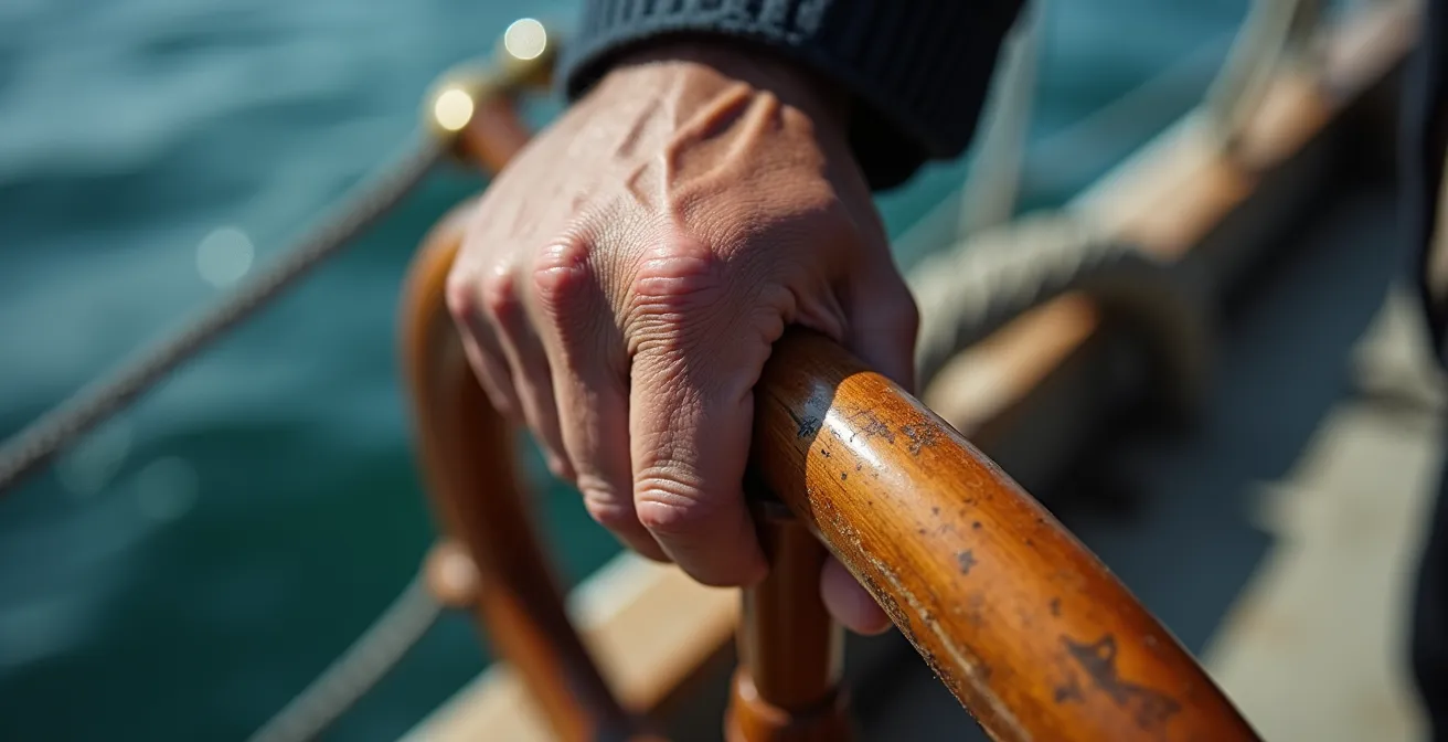 Détail macro de la main d'un barreur sur une barre franche en bois patiné