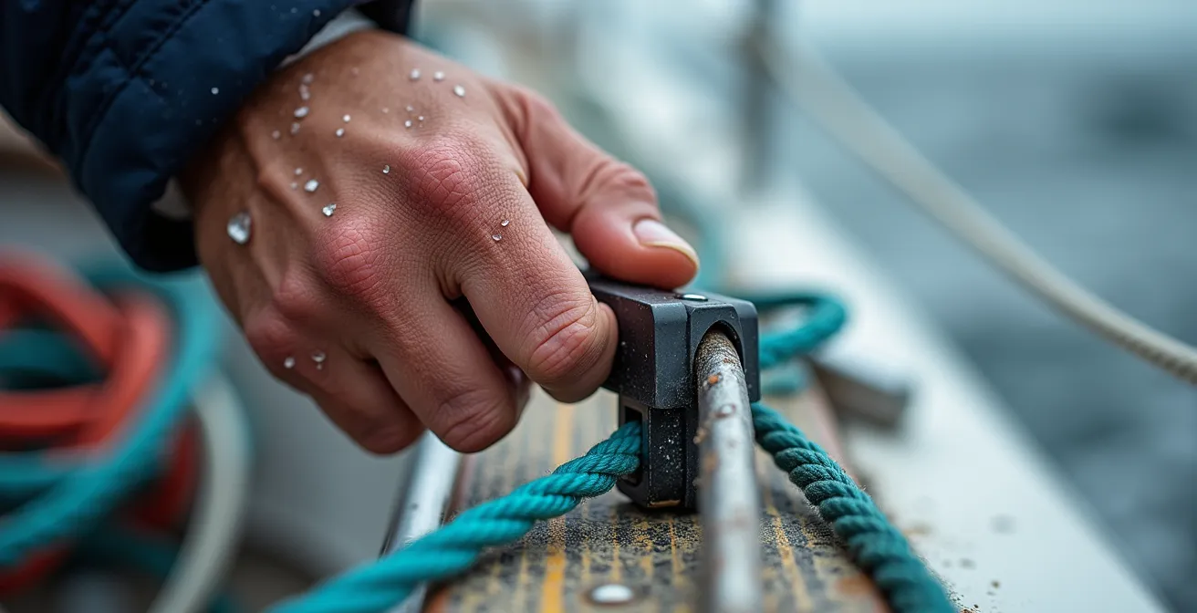 Vue macro d'un réglage fin sur un voilier de course