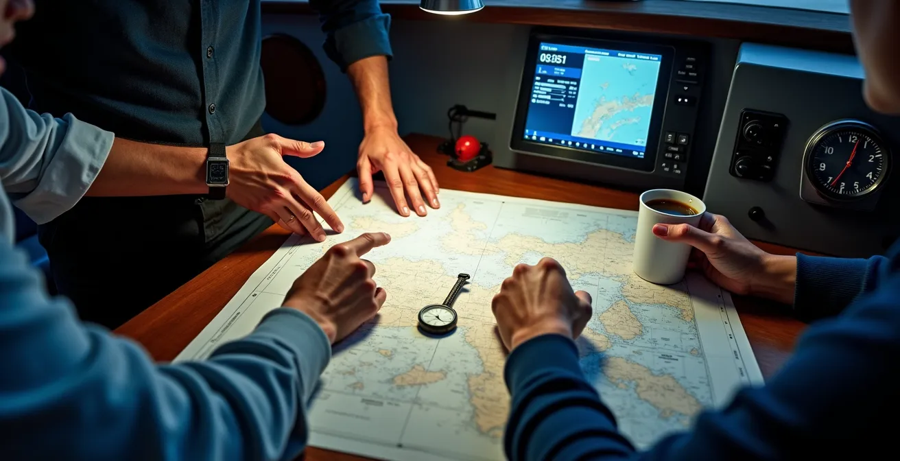 Réunion de briefing multiculturelle dans le carré d'un voilier de course
