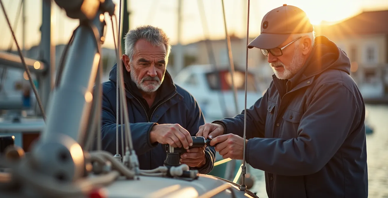 Deux navigateurs préparant leur voilier dans un port français