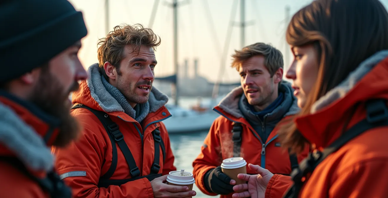 Équipage en discussion technique dans le cockpit après une sortie hivernale