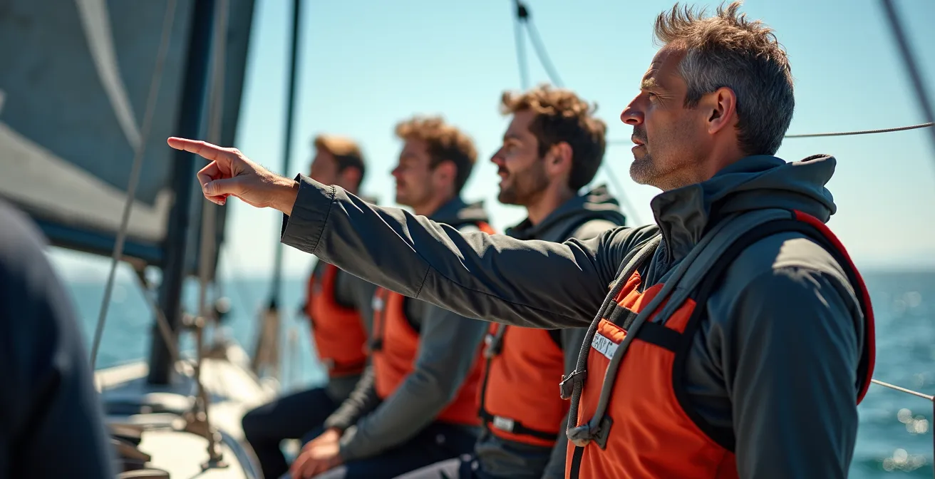 Équipage de voilier de course en pleine coordination tactique