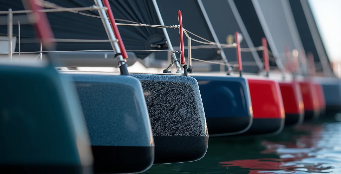 Vue macro détaillée de différentes coques de voiliers de course alignées montrant la diversité des designs