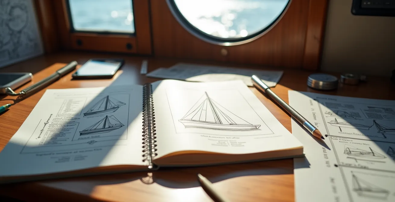 Carnet de réglages ouvert avec schémas techniques et notes manuscrites sur une table de navigation