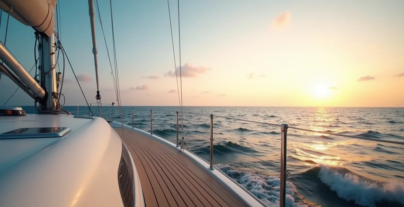 Vue contemplative d'un horizon marin infini depuis le pont d'un voilier au coucher du soleil