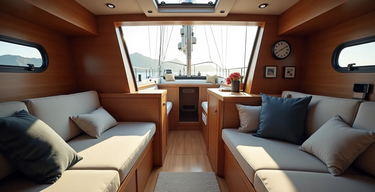 Intérieur d'un voilier course-croisière montrant l'équilibre entre performance et confort