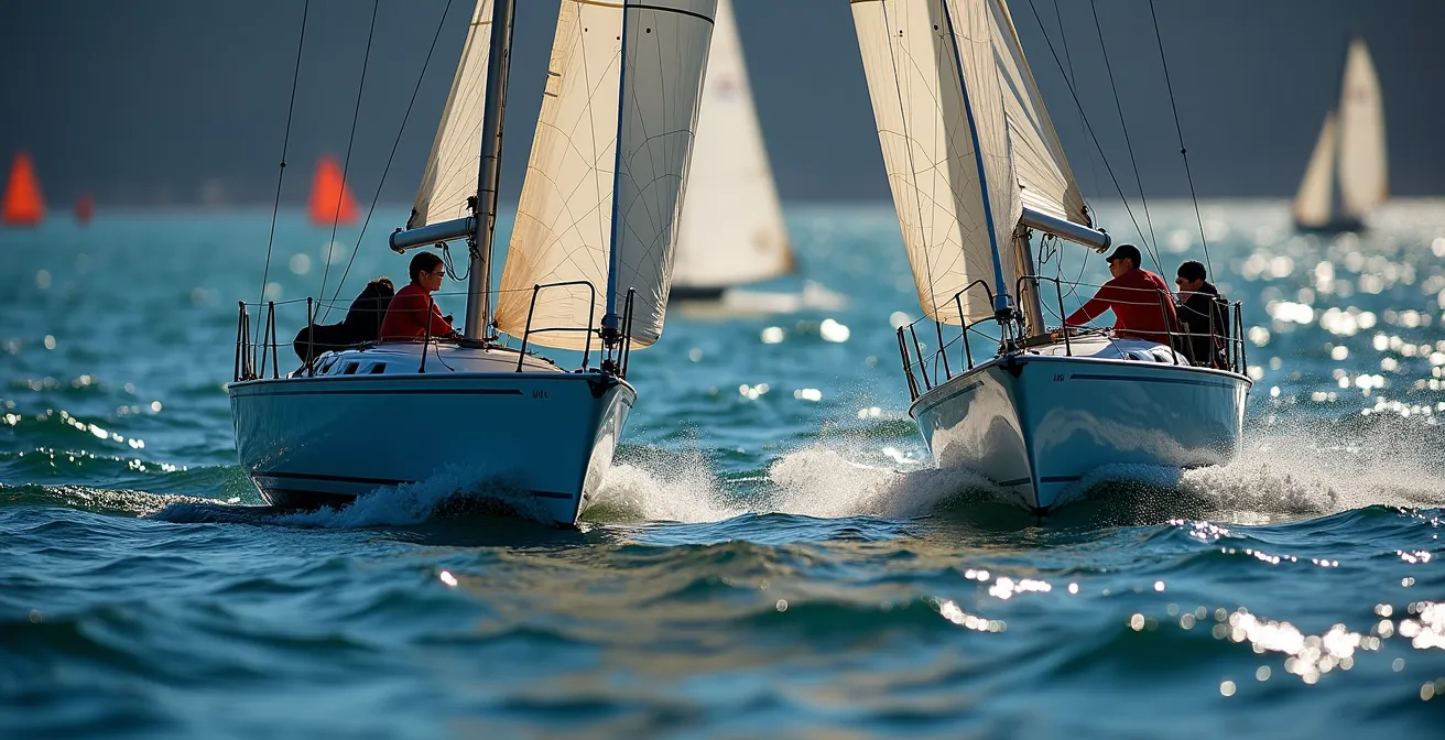 Vue tactique de deux voiliers en situation de marquage serré pendant une régate