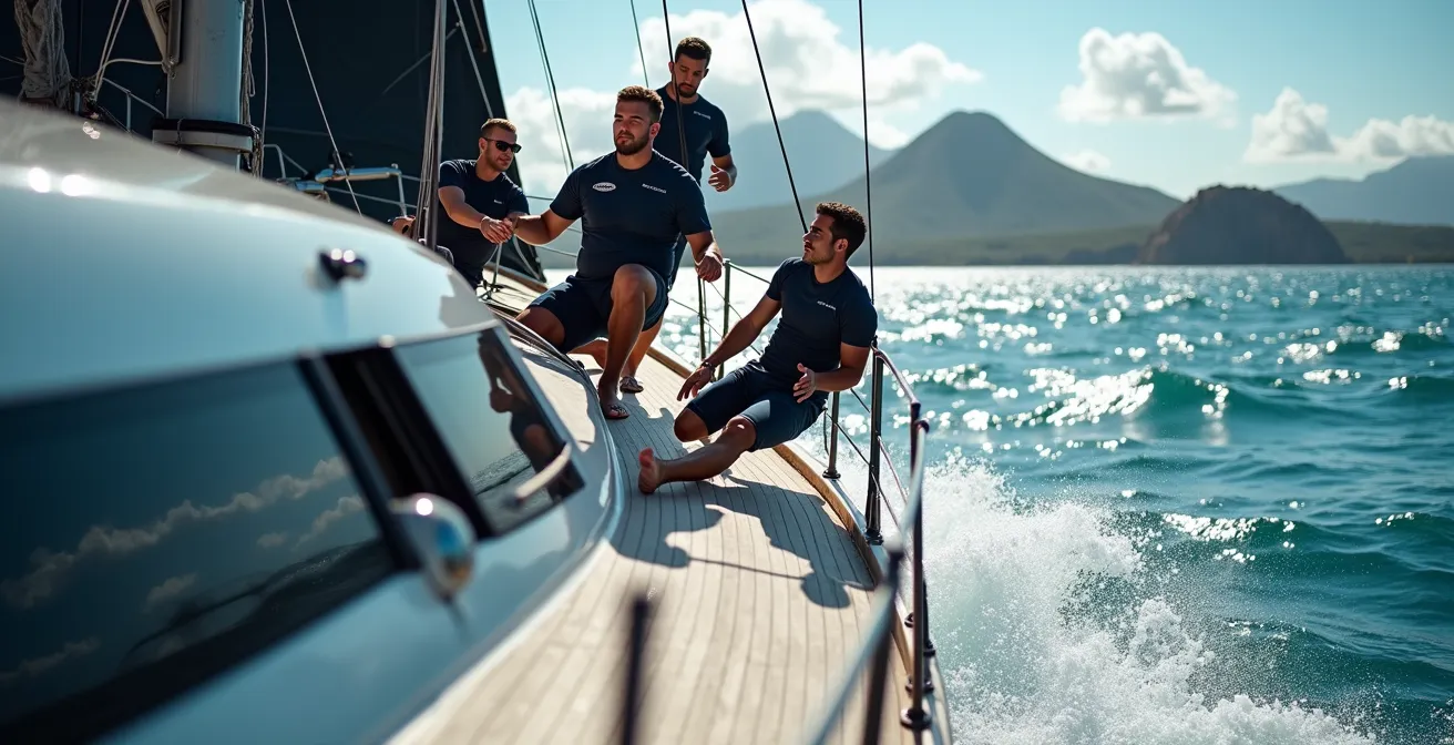 Maxi yacht de course avec équipage en action pendant une manœuvre tactique