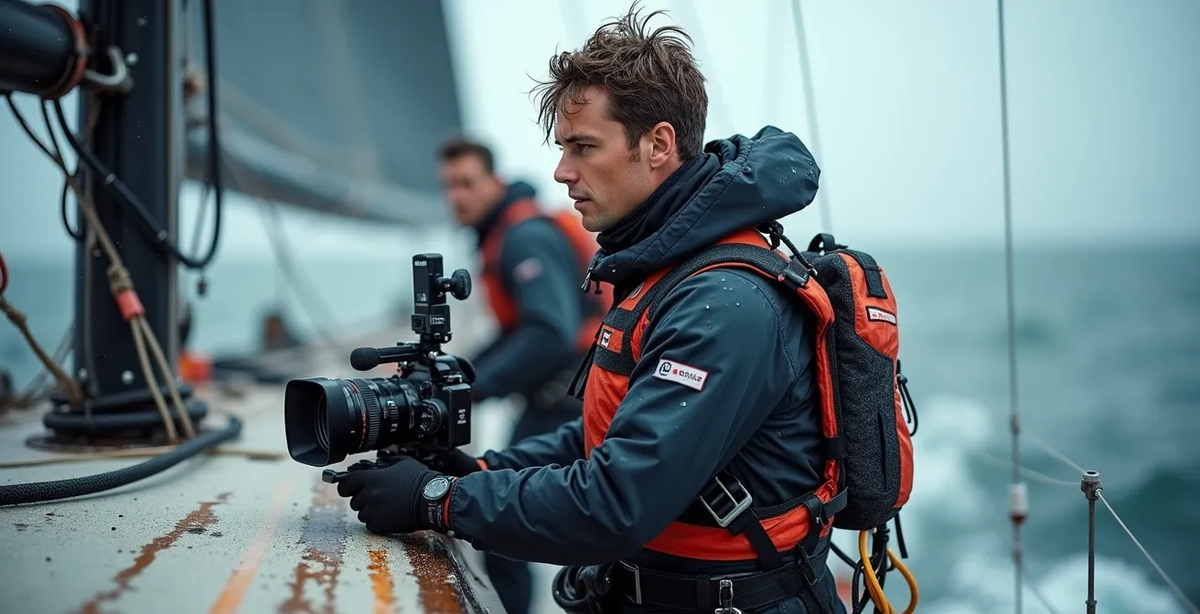 Caméraman embarqué filmant l'action intense sur un voilier de course en pleine régate