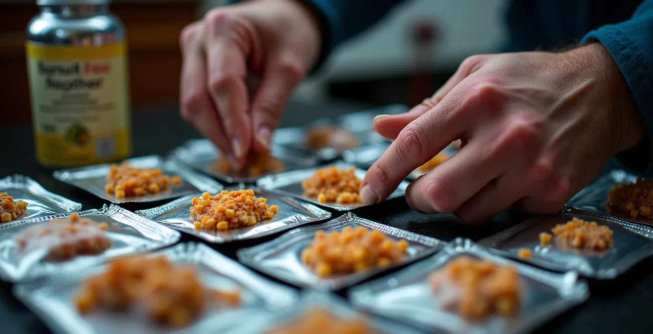 Gros plan sur les mains d'un skipper préparant sa nutrition avec précision dans la cuisine du bateau