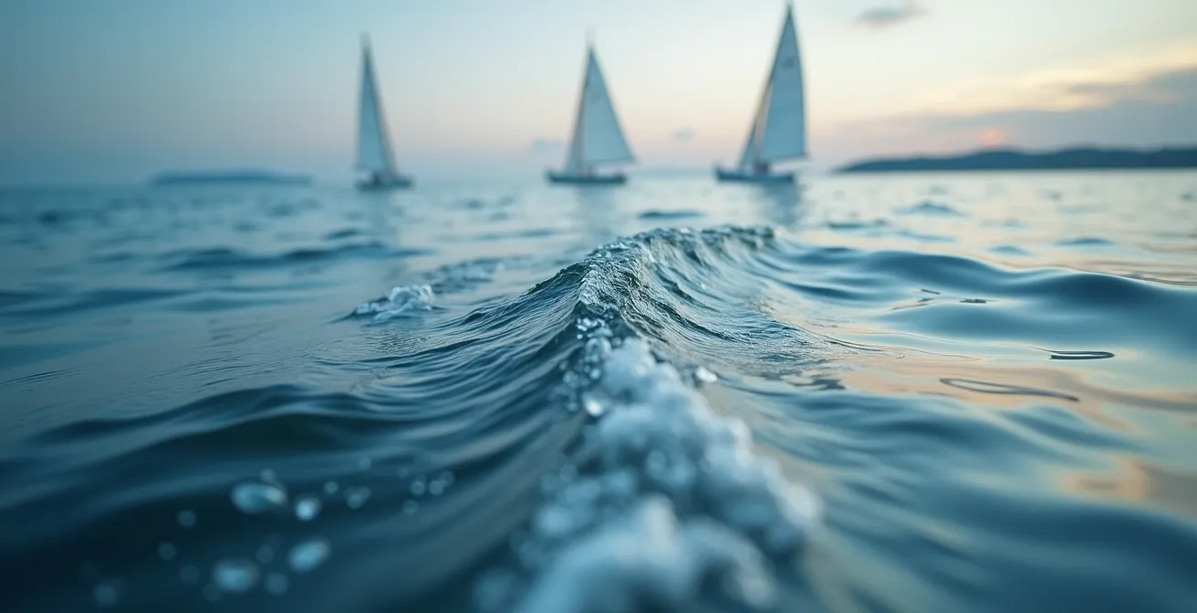 Gros plan sur la surface de l'eau montrant les différentes textures indiquant l'arrivée du vent