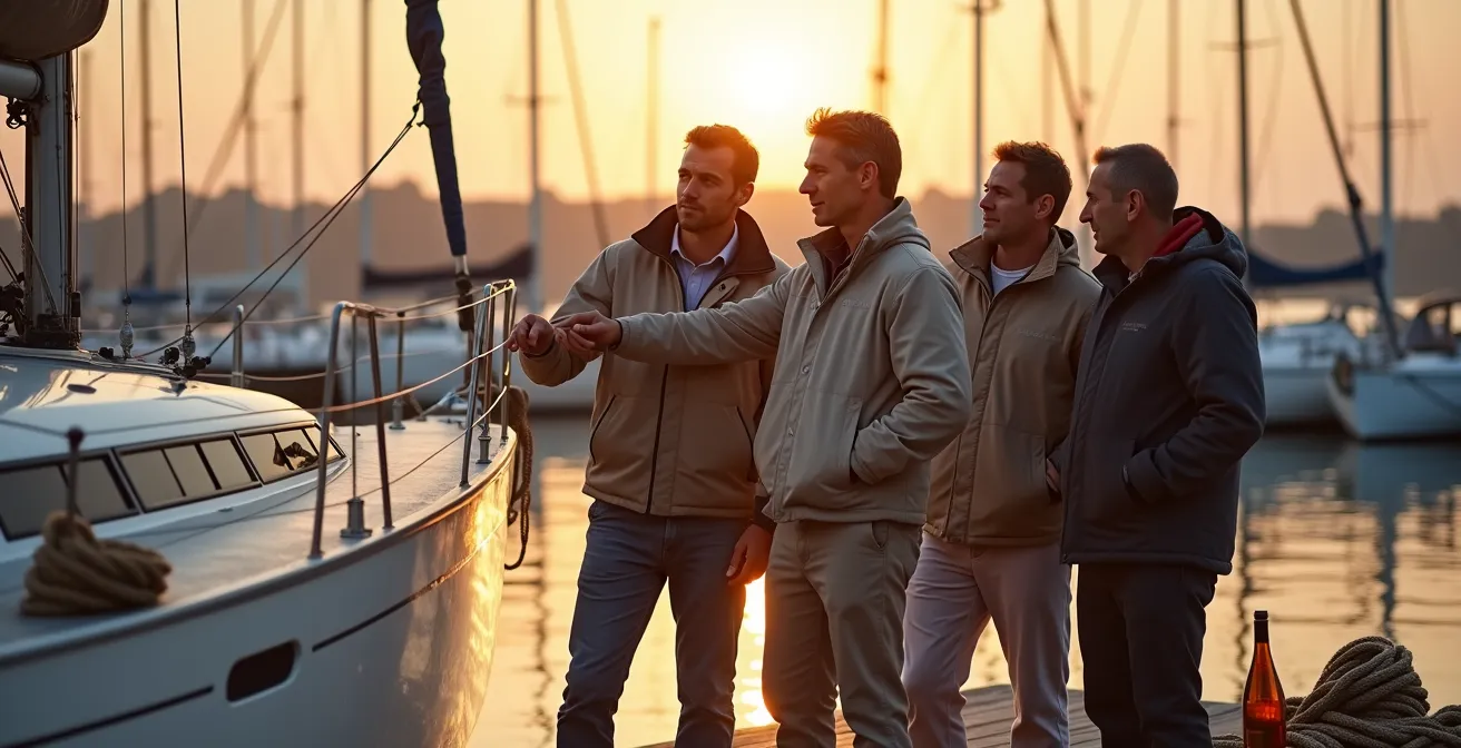 Marins échangeant autour d'un voilier sur un ponton animé en fin de journée