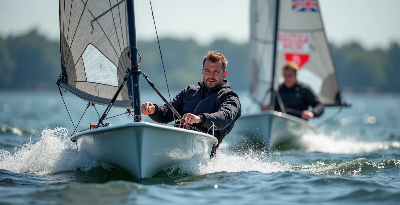 Vue rapprochée de deux voiliers en situation de règle de priorité au passage de bouée
