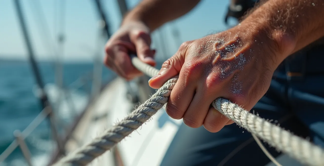 Vue macro sur des mains crispées sur une écoute de voilier montrant la tension physique et mentale