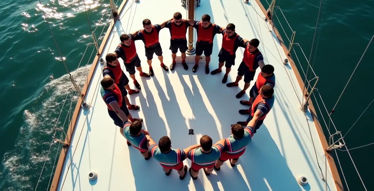 Équipage en cercle sur le pont d'un voilier effectuant un exercice de respiration synchronisée