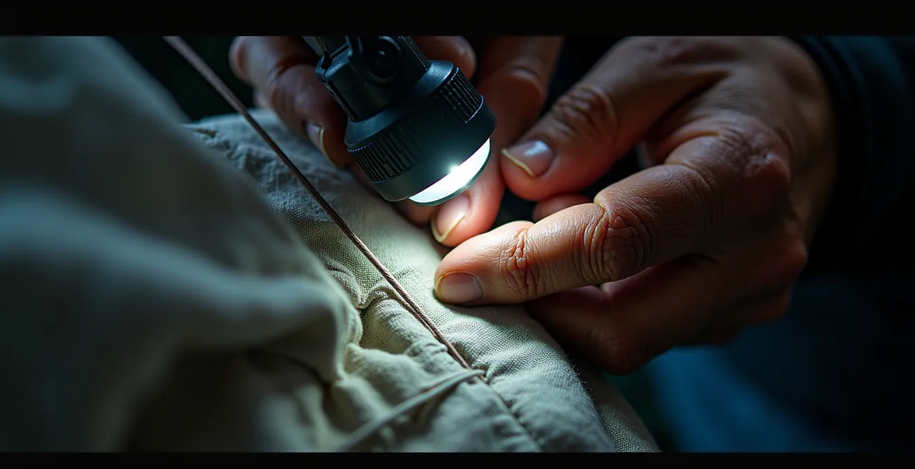 Skipper réparant une voile déchirée de nuit en pleine mer avec une lampe frontale
