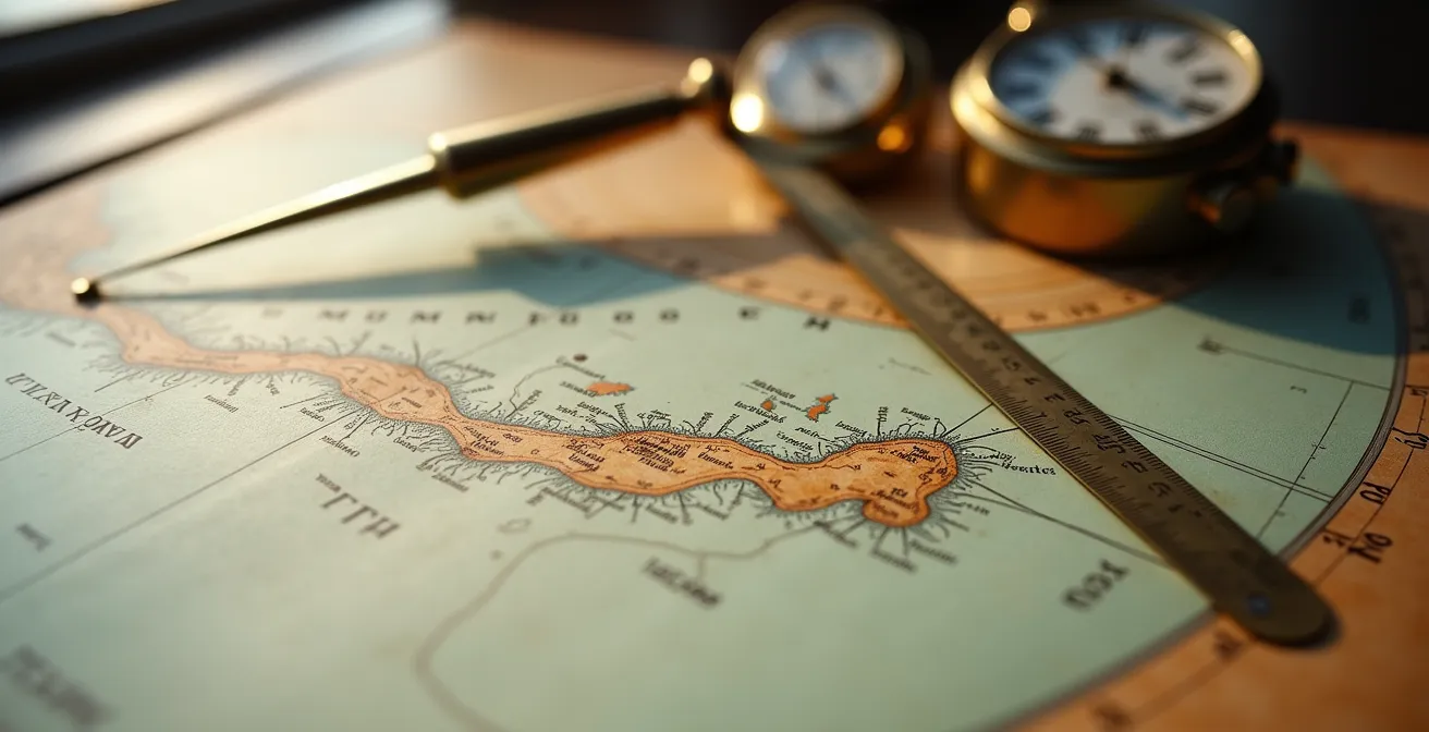 Vue macro d'une carte nautique des Caraïbes avec compas et instruments de navigation