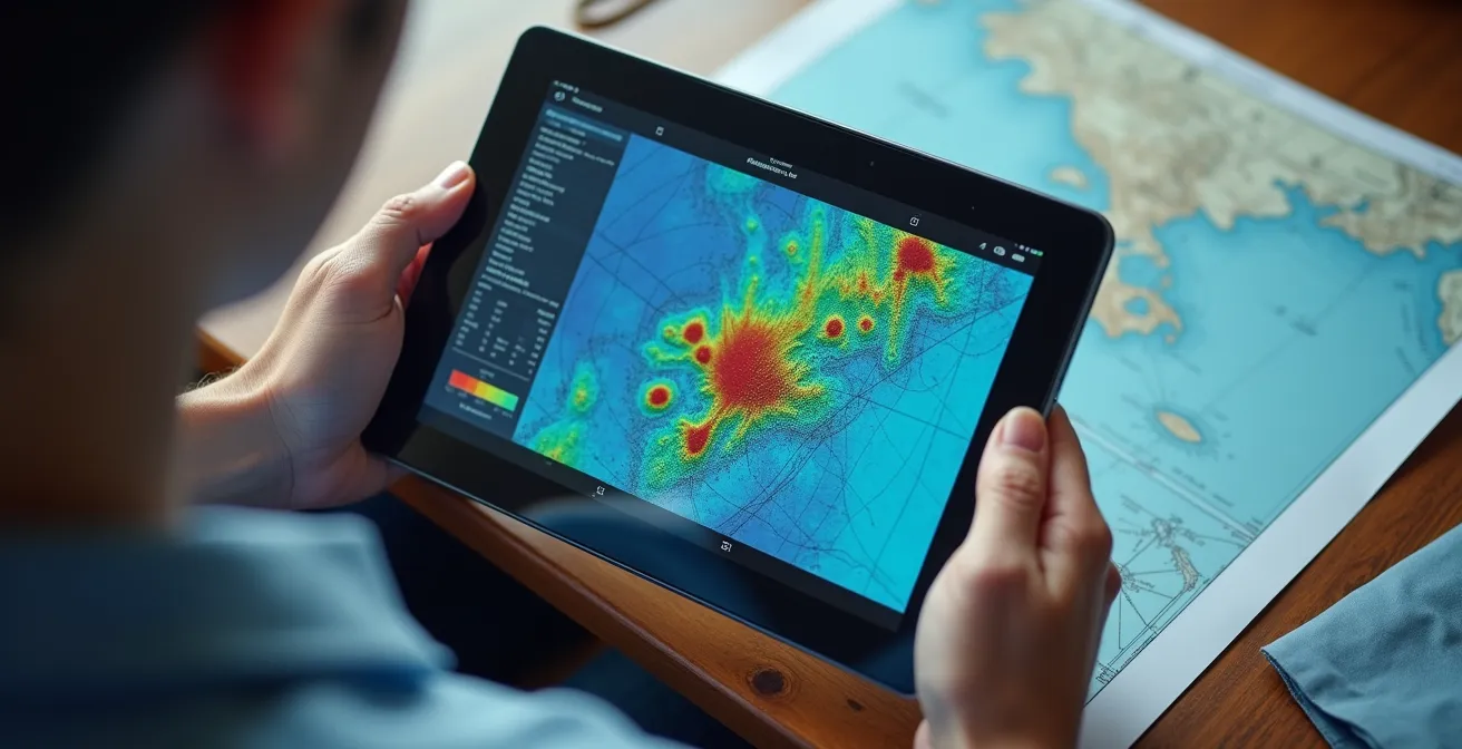 Écran de navigation montrant des cartes GRIB avec champs de vent colorés