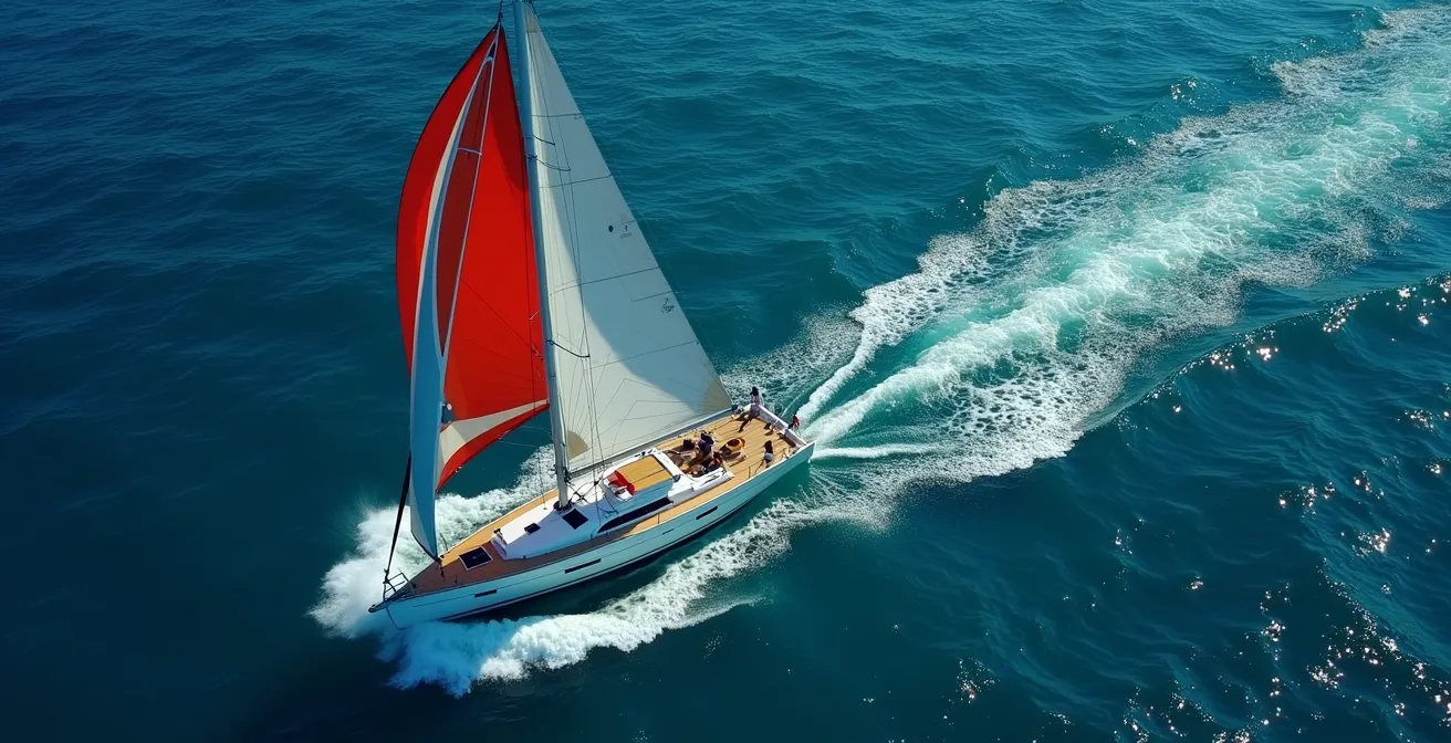 Voilier surfant une vague en Méditerranée sous spinnaker gonflé