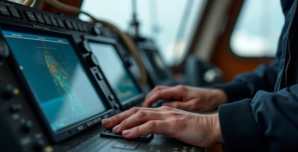 Poste de navigation d'un voilier moderne montrant des écrans de données de performance et de trajectoires GPS, vue arrière sans texte visible Poste de navigation d'un voilier moderne montrant des écrans de données de performance et de trajectoires GPS, vue arrière sans texte visible